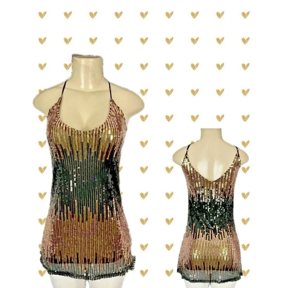 Rhapsodielle Jrs M Black-Gold Ombre Mesh Sequin Lined Mini Slip Dress